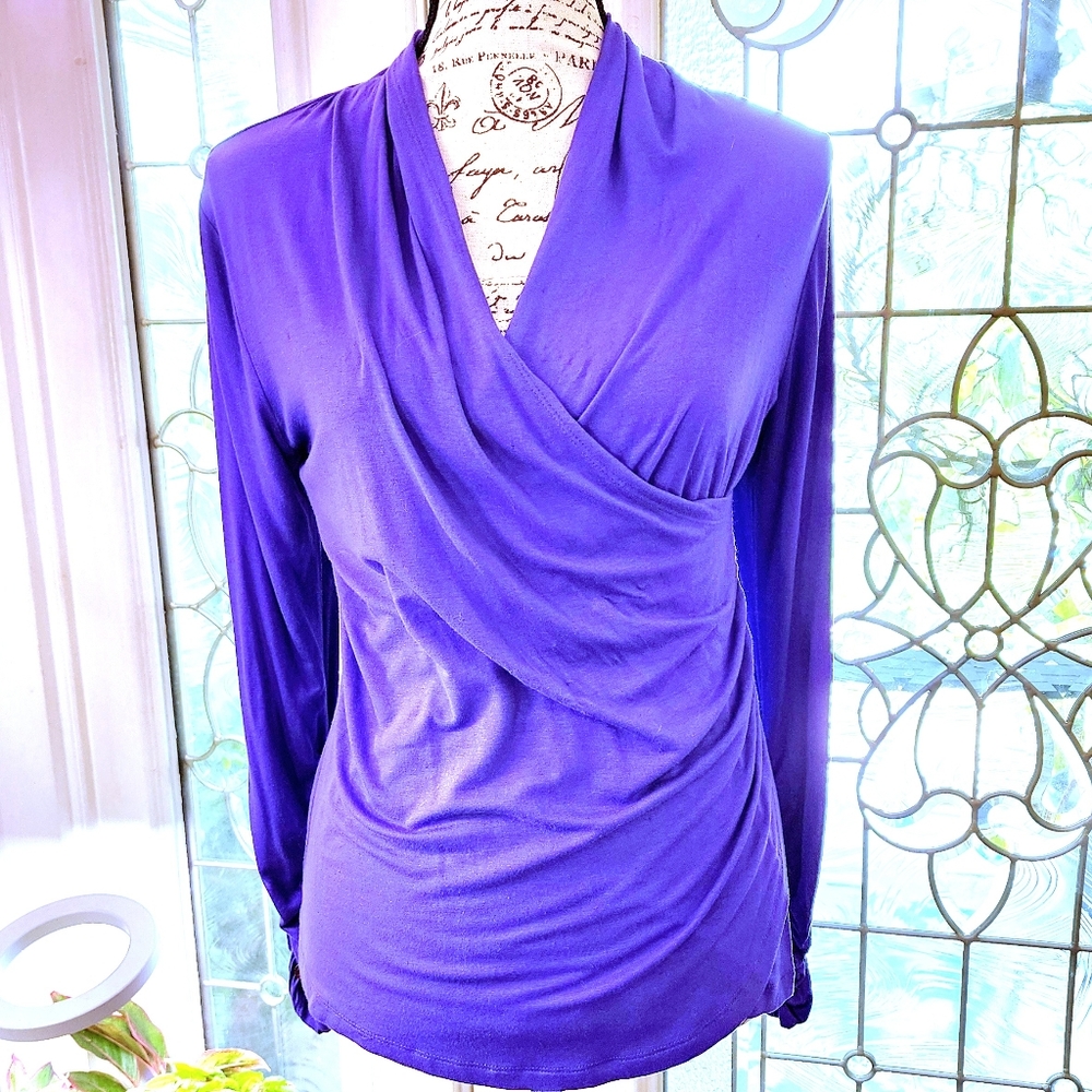 Soft Surroundings Purple V-neck Draping Ruched Long Sleeve Top PS